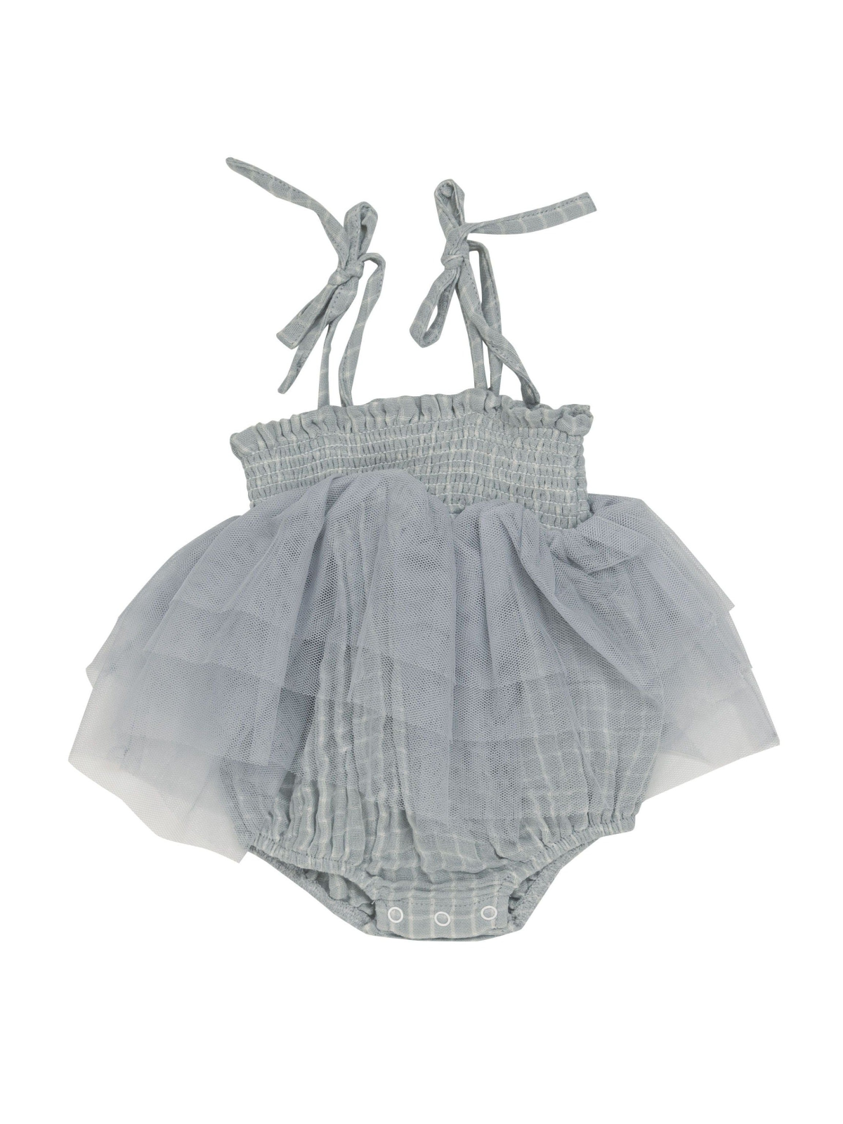 Light gray baby romper with tiered tulle skirt and adjustable shoulder ties. Soft and stylish for infants.