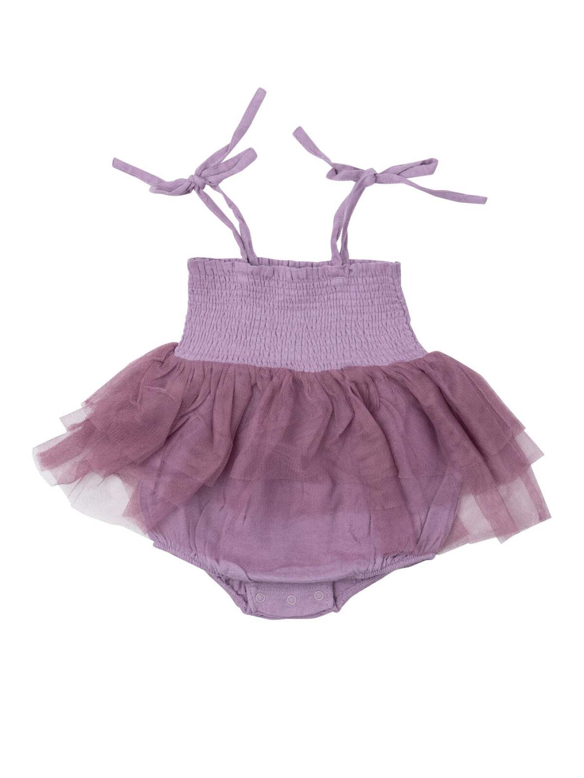 Lavender baby romper with ruffled tulle skirt and adjustable shoulder ties. Ideal for special occasions.