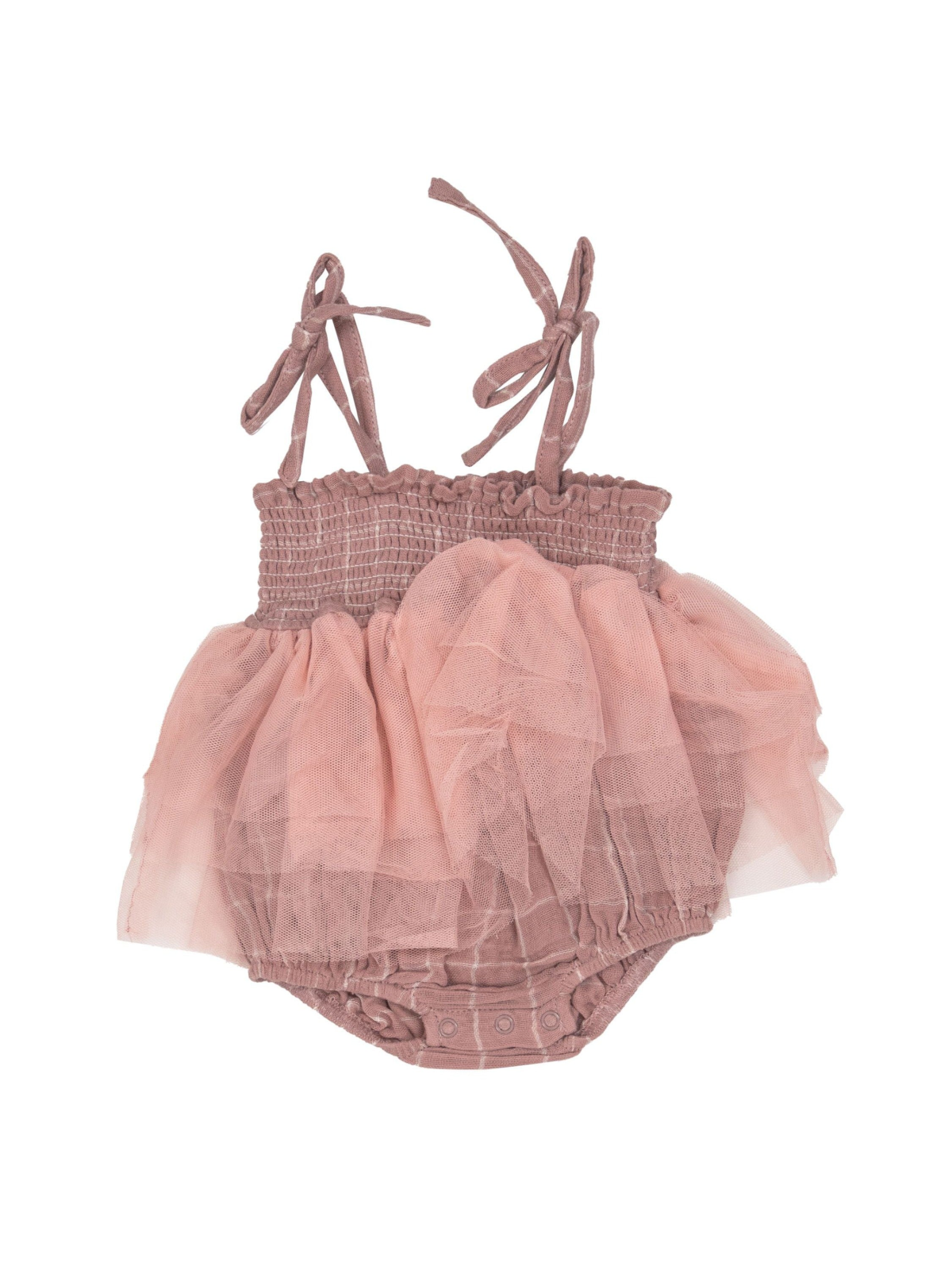 Baby romper with a ruffled tulle skirt in soft pink, featuring shoulder ties and a smocked bodice.