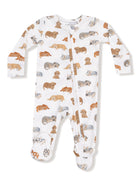 White one-piece pajama with colorful dog illustrations, featuring long sleeves and footed design.
