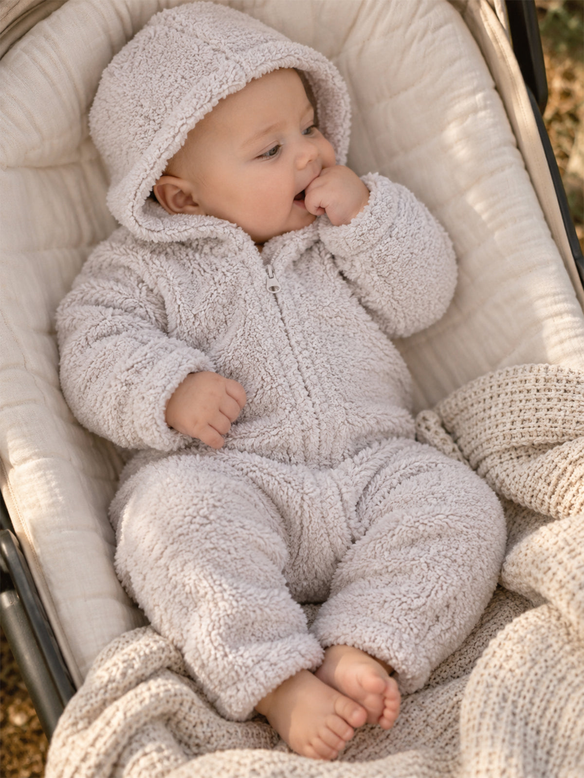 Chenille Hooded Romper, Natural