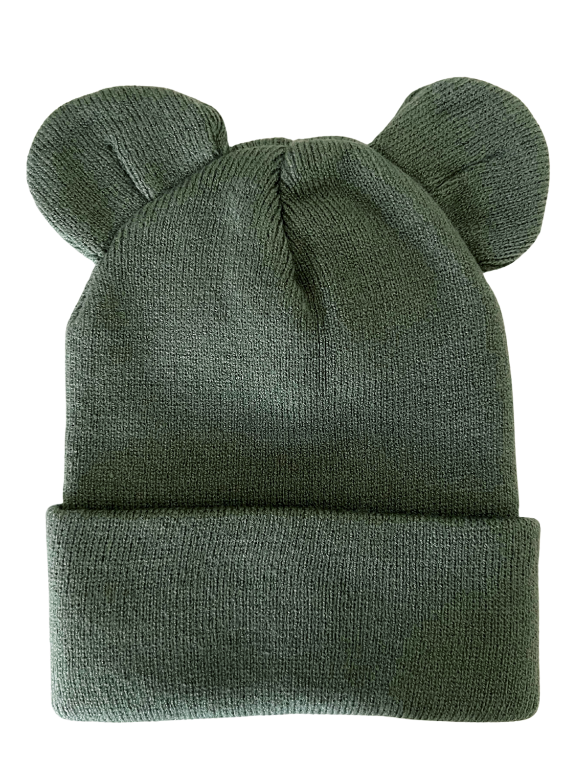 Green knit beanie with bear ears, featuring a folded cuff for added warmth and style.