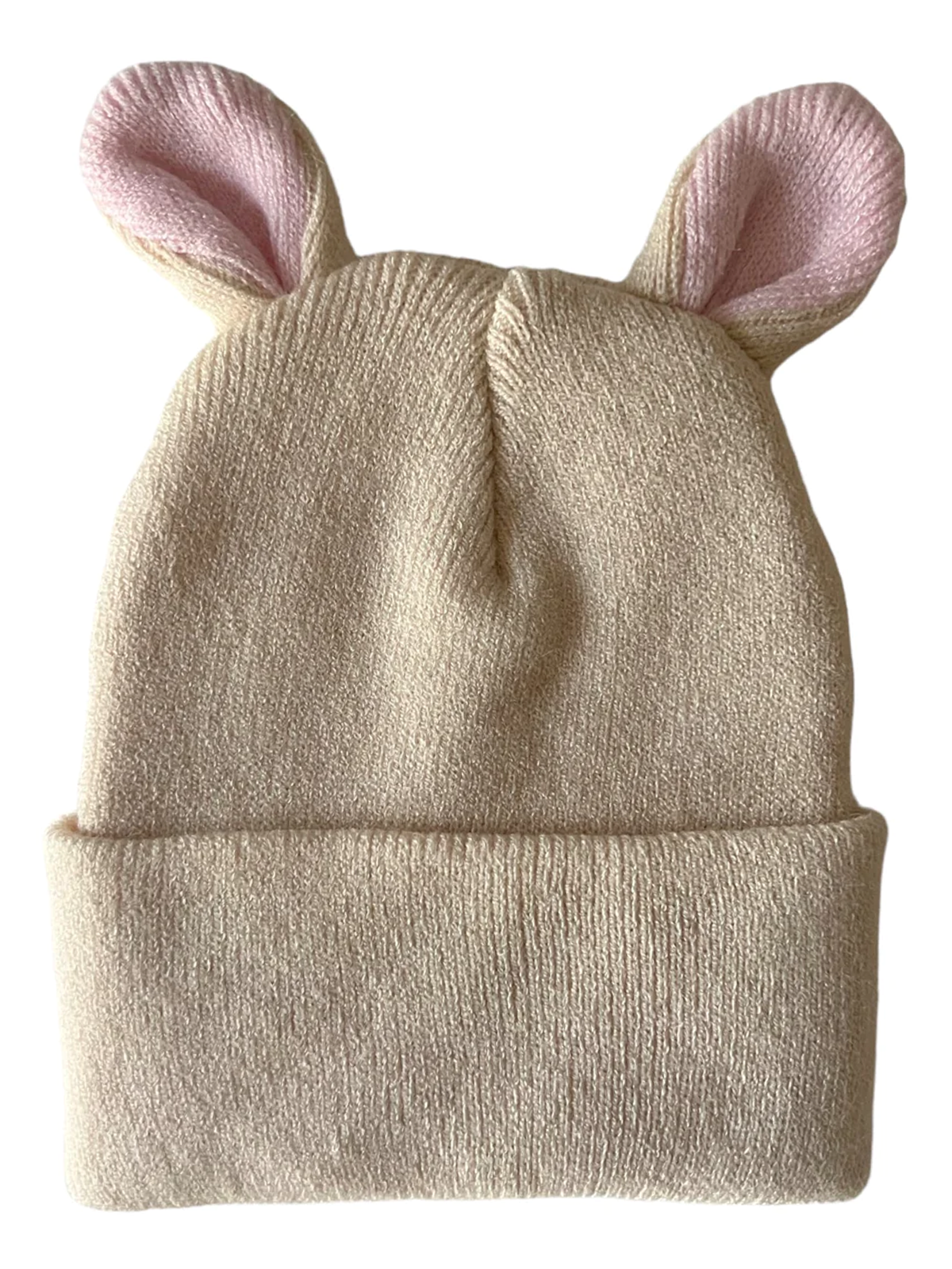 Beige knit hat with pink bunny ears, featuring a folded brim for a cozy, playful look.