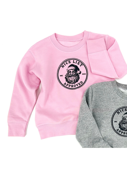 Nice List Approved Kids Christmas Sweatshirt, Pink