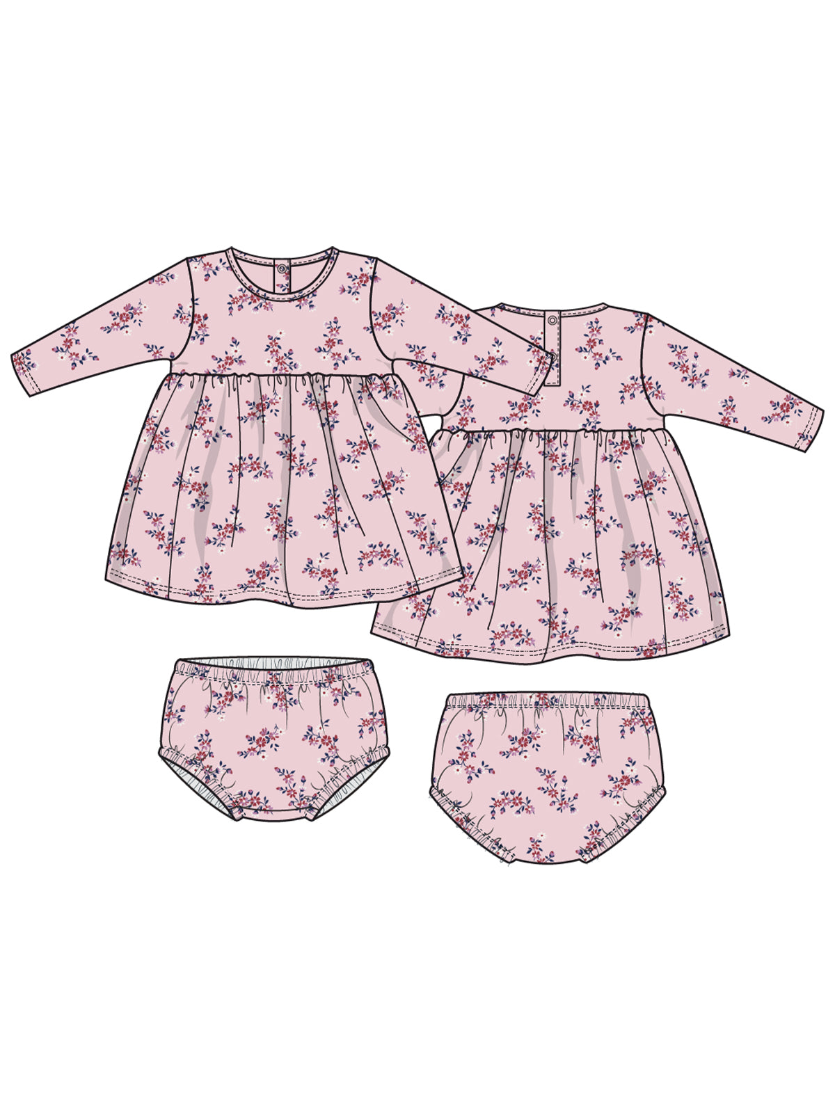 Pink floral dress set for infants, featuring long sleeves and matching bloomers.