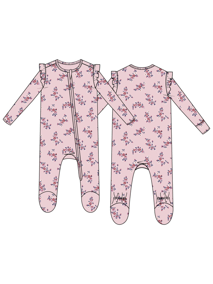 Pink floral baby onesie with ruffled sleeves and full-length zipper, shown from front and back views.