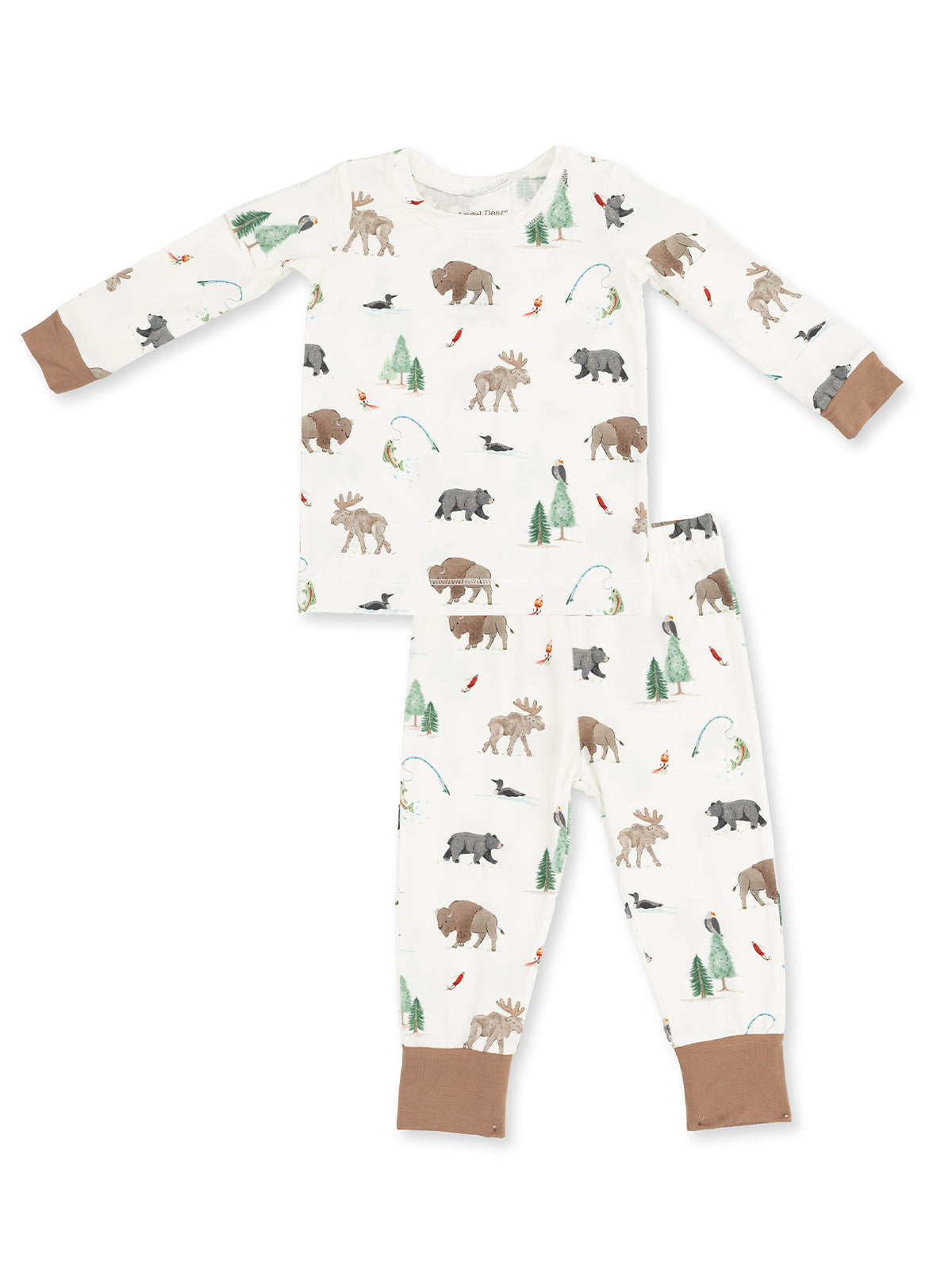 Children's pajama set featuring animals and nature prints on soft fabric, including a long-sleeve top and pants.
