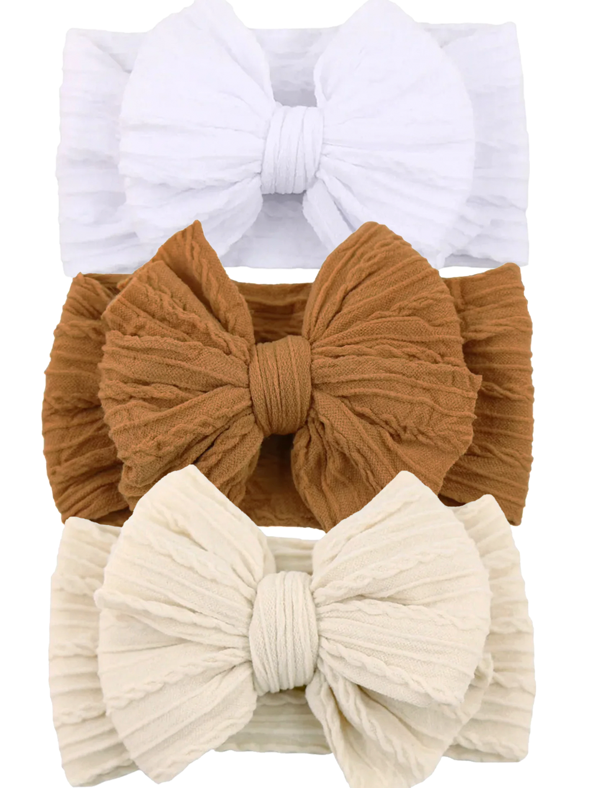 Three headbands with large bows in white, brown, and cream colors, featuring a textured and pleated design.
