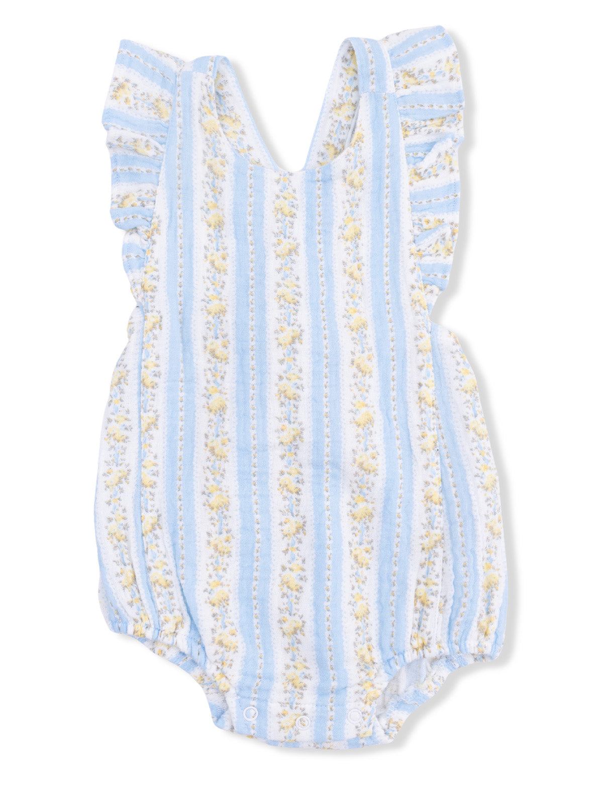 Light blue baby romper with floral stripes and ruffled shoulders. Ideal for warm weather outings.