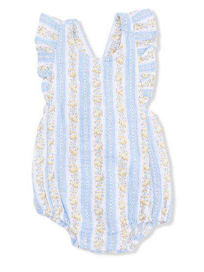 Light blue baby romper with floral stripes and ruffled shoulders. Ideal for warm weather outings.