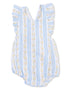 Light blue baby romper with floral stripes and ruffled shoulders. Ideal for warm weather outings.