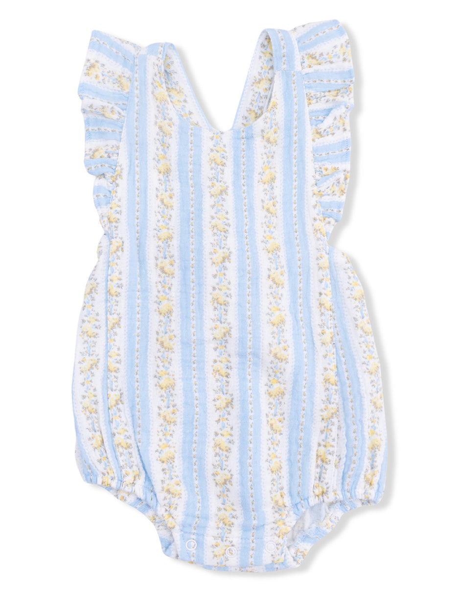 Light blue baby romper with floral stripes and ruffled shoulders. Ideal for warm weather outings.