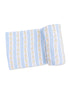 Light blue fabric with floral and striped patterns, folded and on a white background.