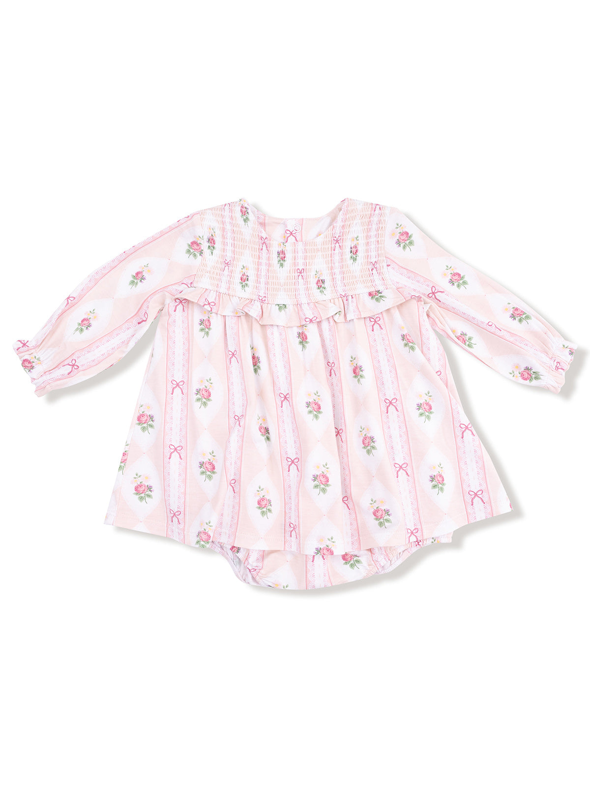 Light pink floral baby dress with long sleeves and ruffled neckline, featuring diagonal stripes and bows.