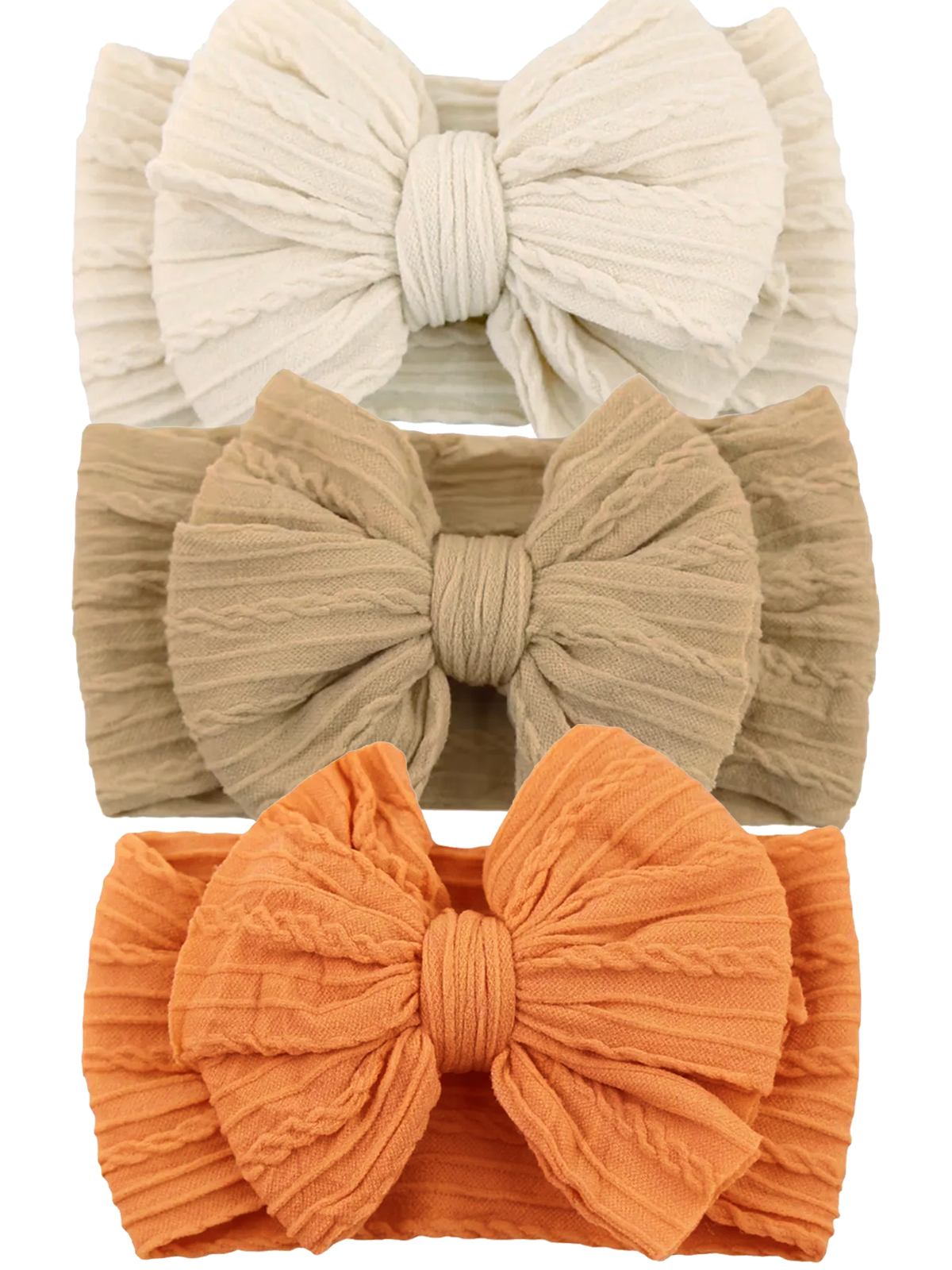 Three textured bows in cream, beige, and orange on headbands, ideal for stylish hair accessories.