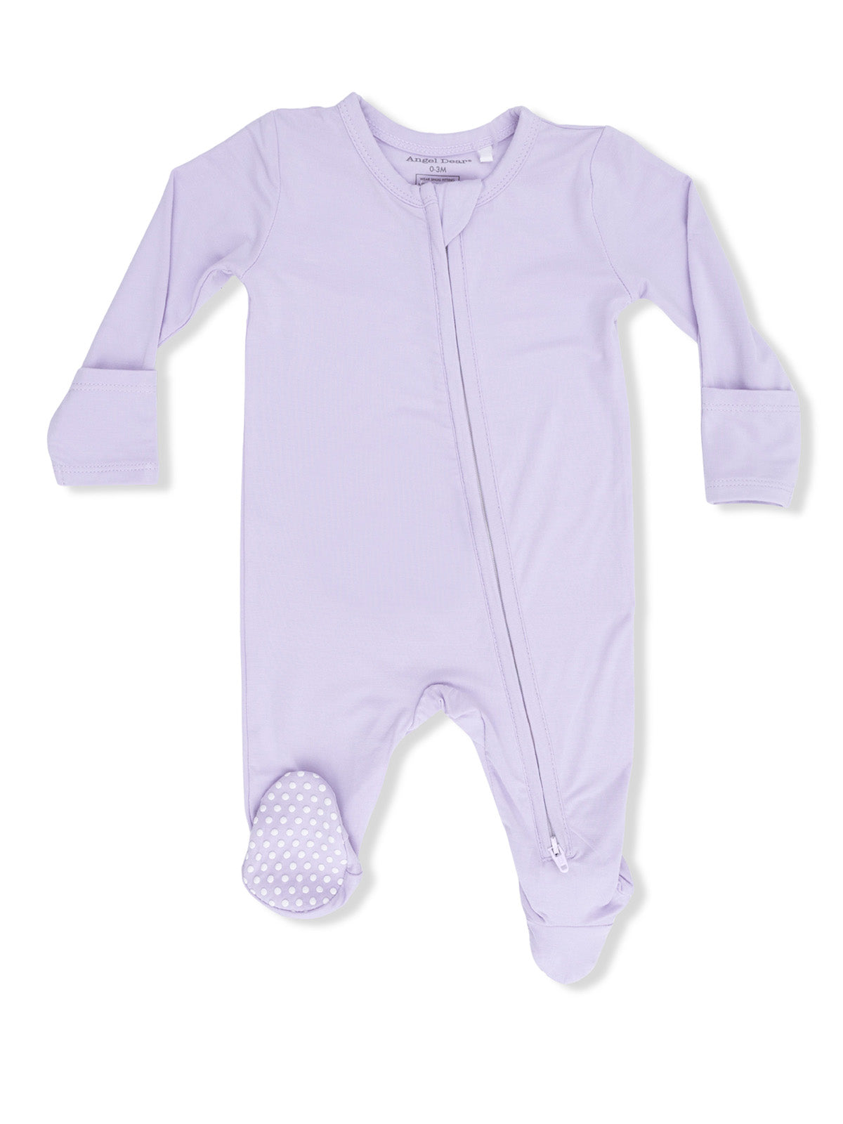 Light purple baby onesie with long sleeves and a front zipper, featuring polka-dotted foot grips.