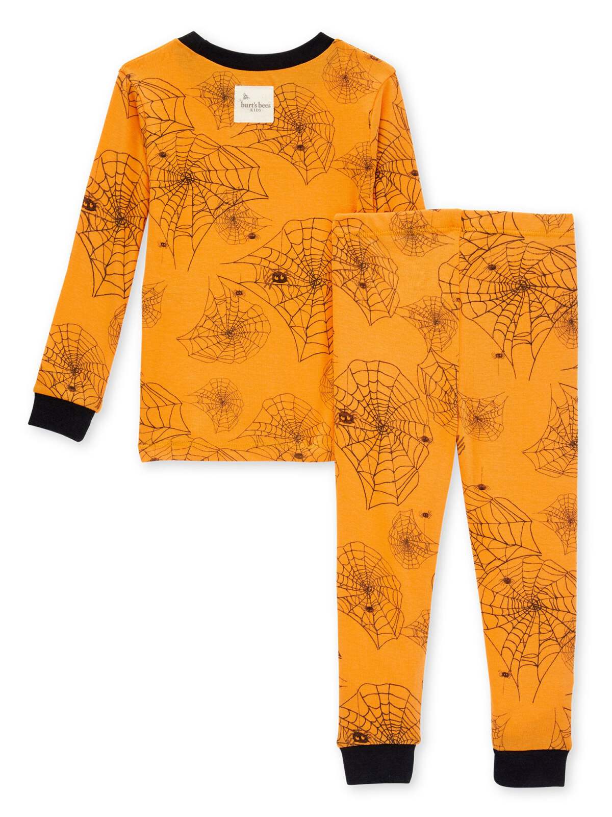 Orange pajama set with black spider web and spider print, featuring a long-sleeve top and matching pants.