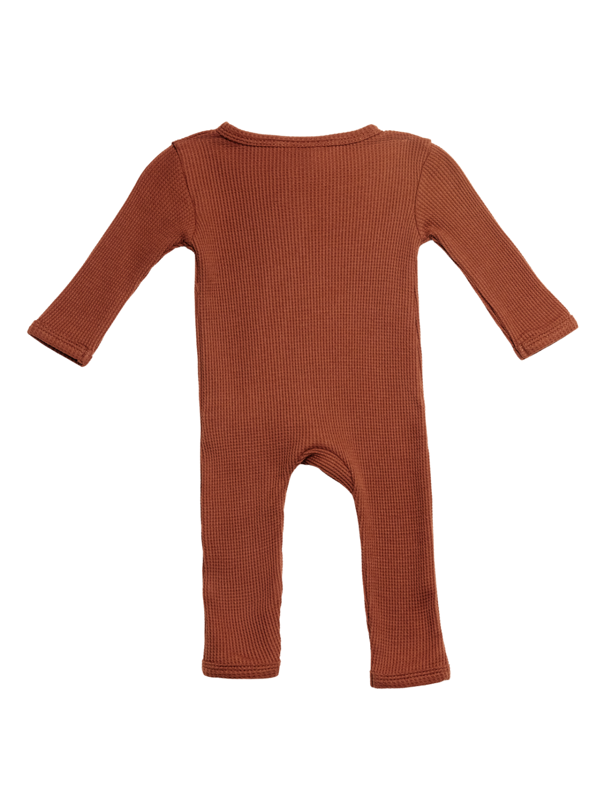 Rust-colored infant onesie with long sleeves and a ribbed texture, viewed from the back.