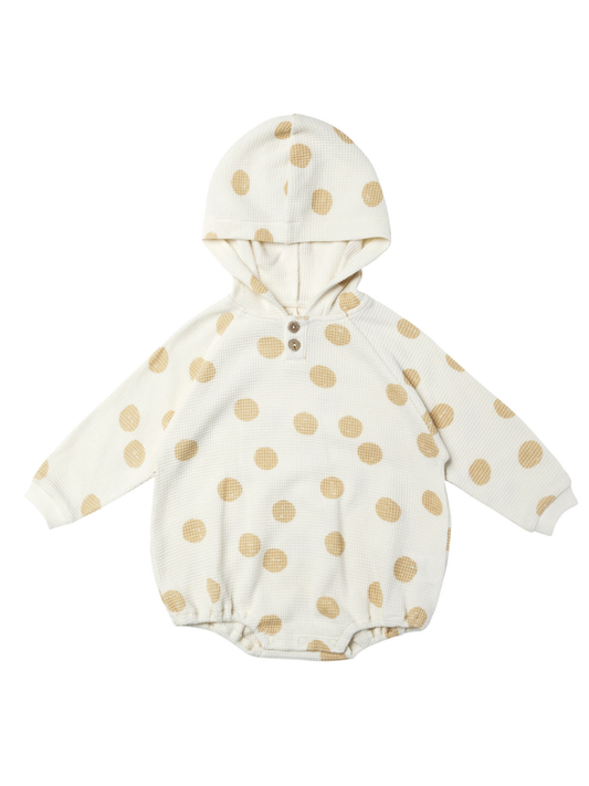 Organic Waffle Hooded Bubble Romper, Butter Dots