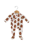 Gingerbread-patterned baby outfit on hanger, featuring long sleeves and matching pants.