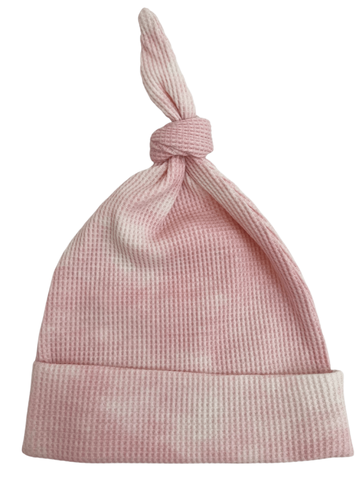 Pink newborn beanie with a knotted top and ribbed texture, ideal for little ones.