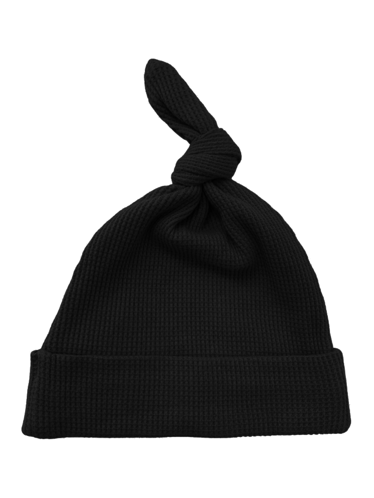Black knit hat with a knot at the top, stylish accessory for cold weather.