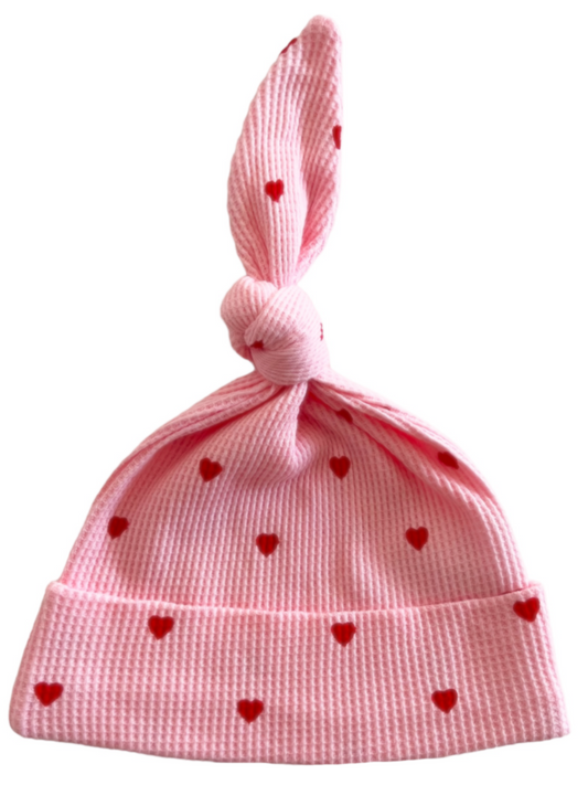 Organic Waffle Knot Beanie, Little Red Heart (on Pink)