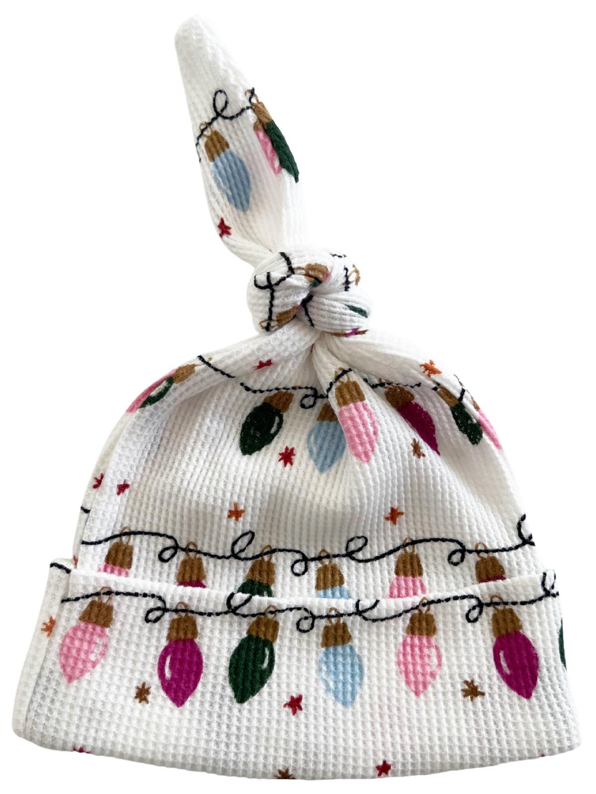 White baby hat with colorful Christmas lights design and a knot at the top.