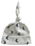 White hat with moon print and a knot on top, perfect for infants or young children.