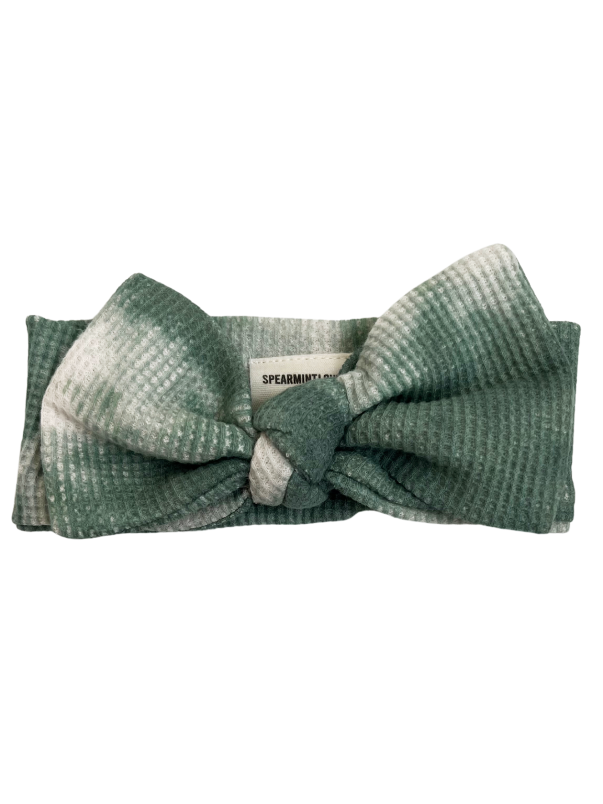 Green textured headband with a large knot detail at the front. Brand label: Spearmint.