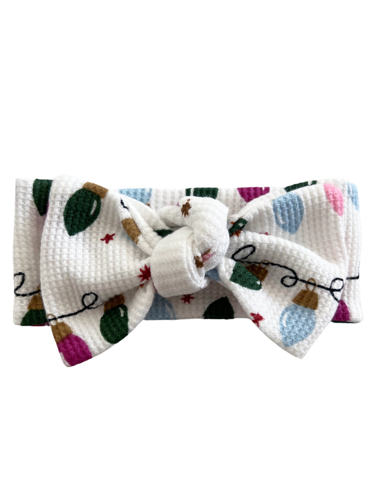 White headband with a large bow, decorated with colorful holiday light bulb patterns.