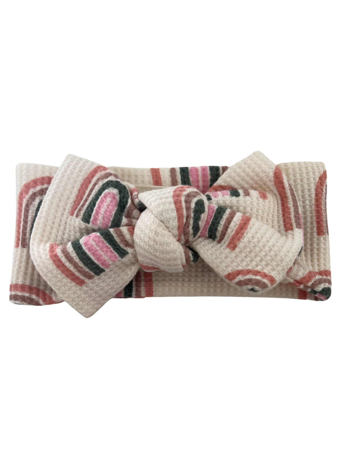 Beige headband with a knot, featuring abstract pink and green striped patterns.