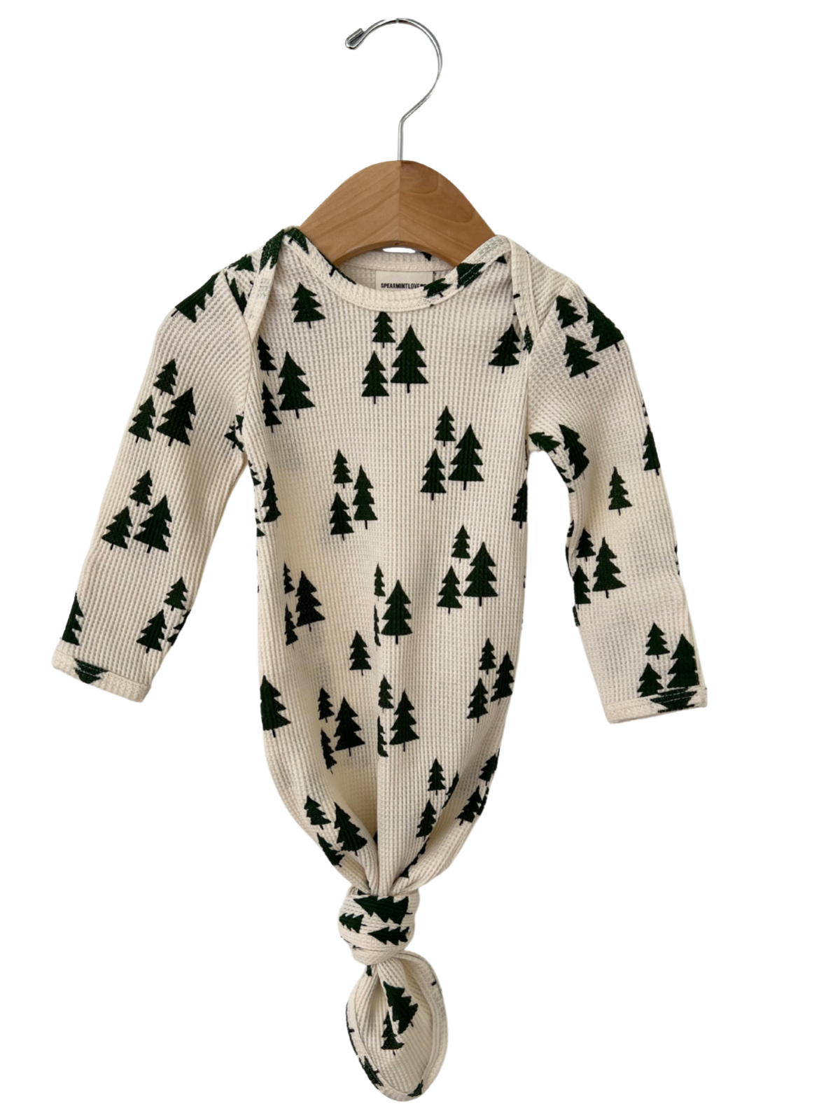 Organic Waffle Knotted Gown & Bow Set, Forest Green Trees