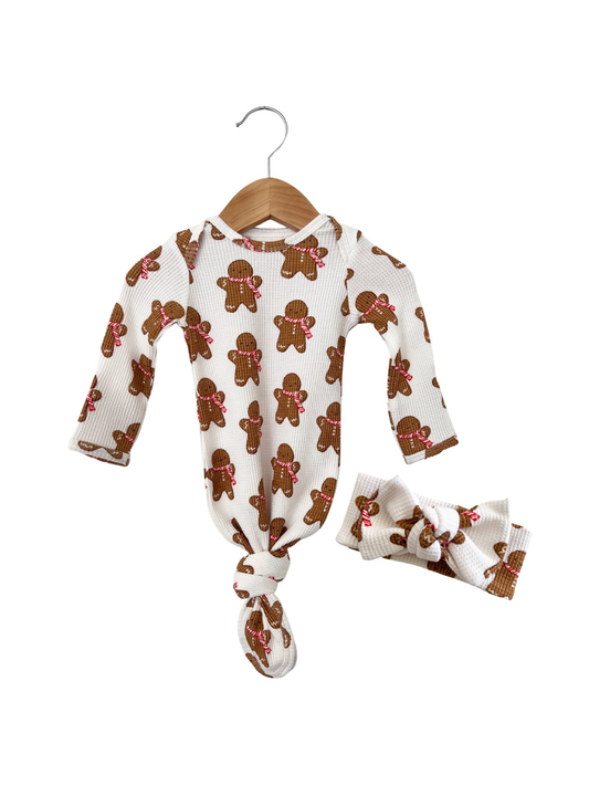Organic Waffle Knotted Gown & Bow Set, Gingerbread Man