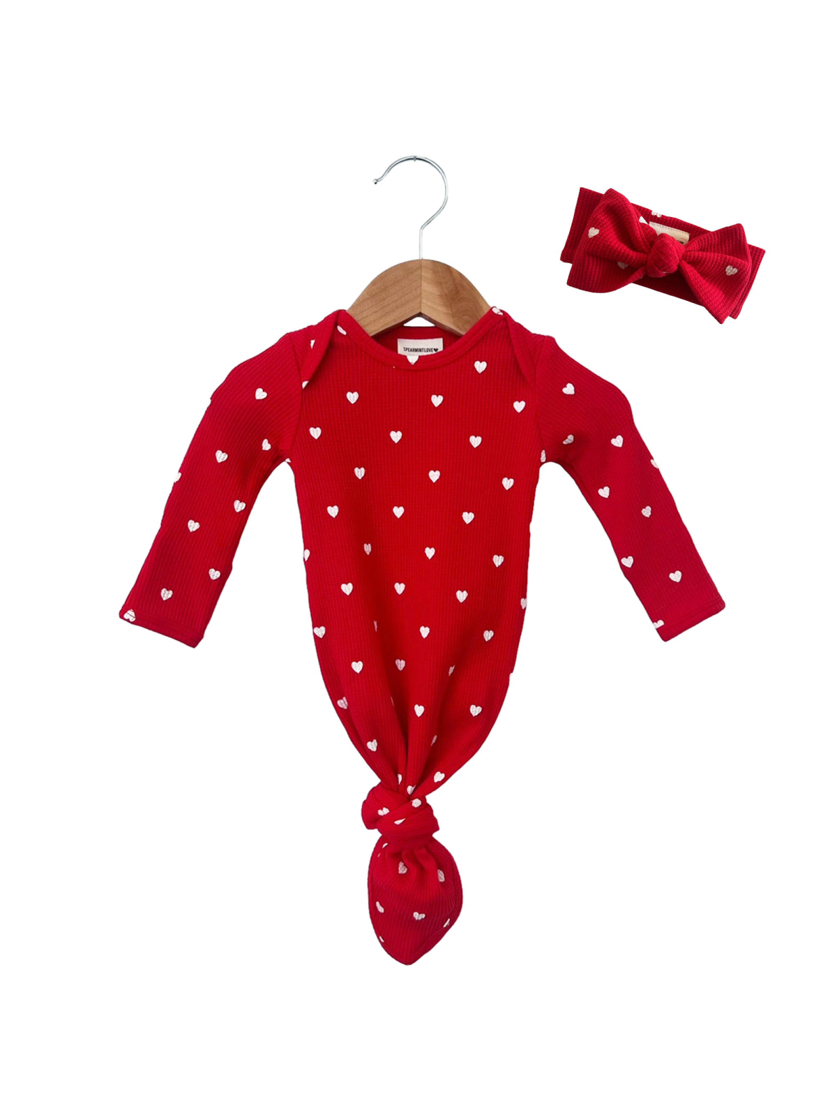 Organic Waffle Knotted Gown & Bow Set, Little White Heart (on Red)
