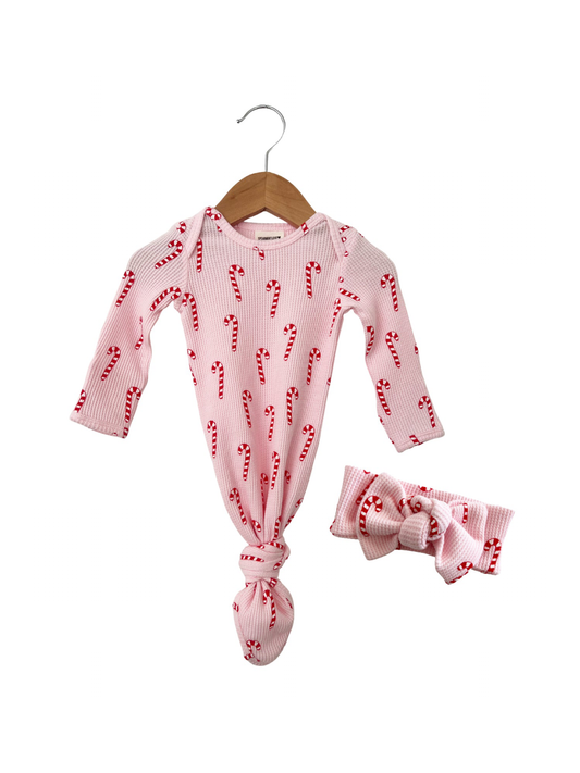 Organic Waffle Knotted Gown & Bow Set, Pink Candy Cane