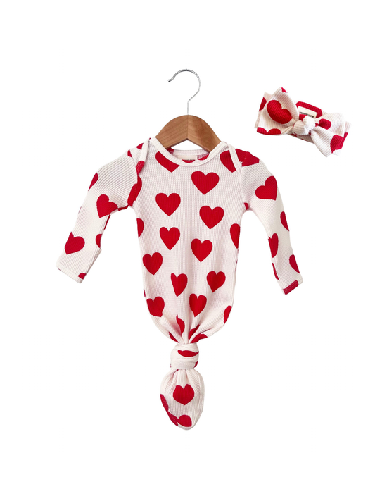 Organic Waffle Knotted Gown & Bow Set, Red Heart