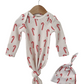 Organic Waffle Knotted Gown & Hat Set, Candy Cane