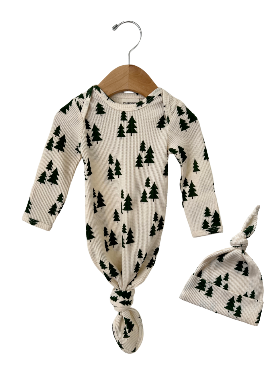 Organic Waffle Knotted Gown & Hat Set, Forest Green Trees