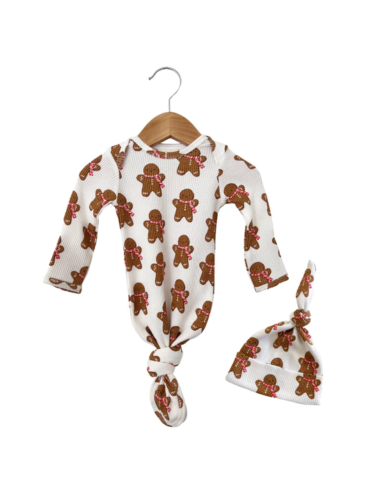 Organic Waffle Knotted Gown & Hat Set, Gingerbread Man