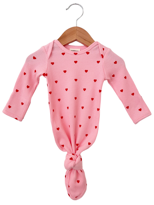Organic Waffle Knotted Gown, Little Red Heart (on Pink)