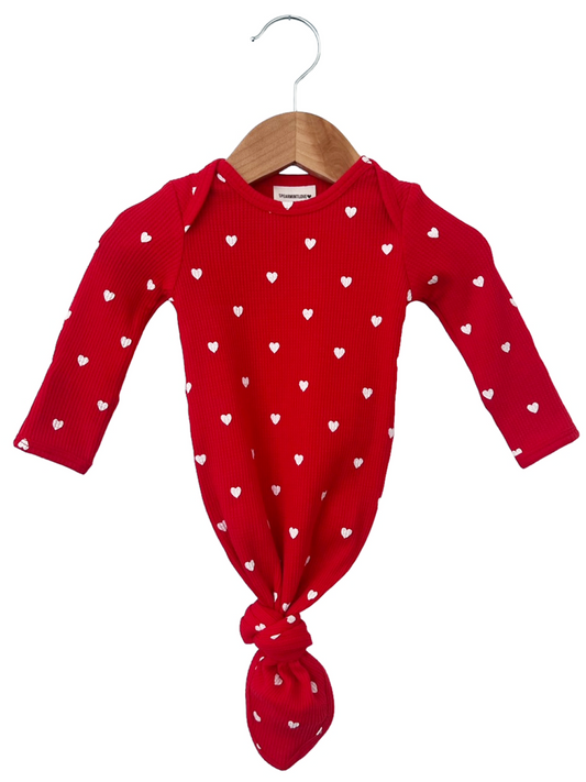 Organic Waffle Knotted Gown, Little White Heart (on Red)
