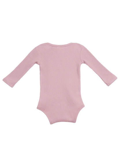 Pink long-sleeve baby bodysuit viewed from the back, showcasing a soft ribbed texture.