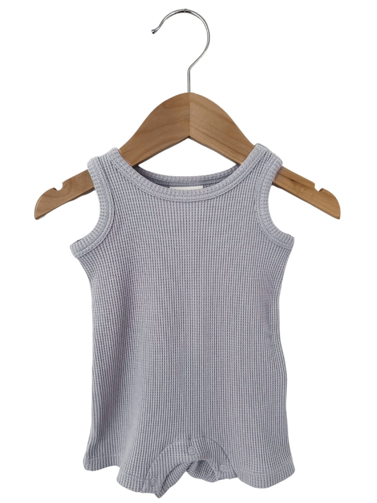 Gray ribbed tank top hanging on a wooden hanger.