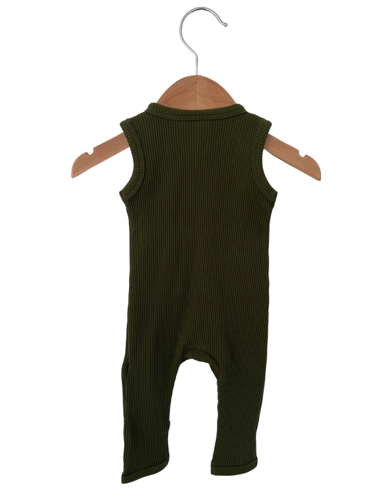 Green ribbed baby romper hanging on a wooden hanger against a white background.
