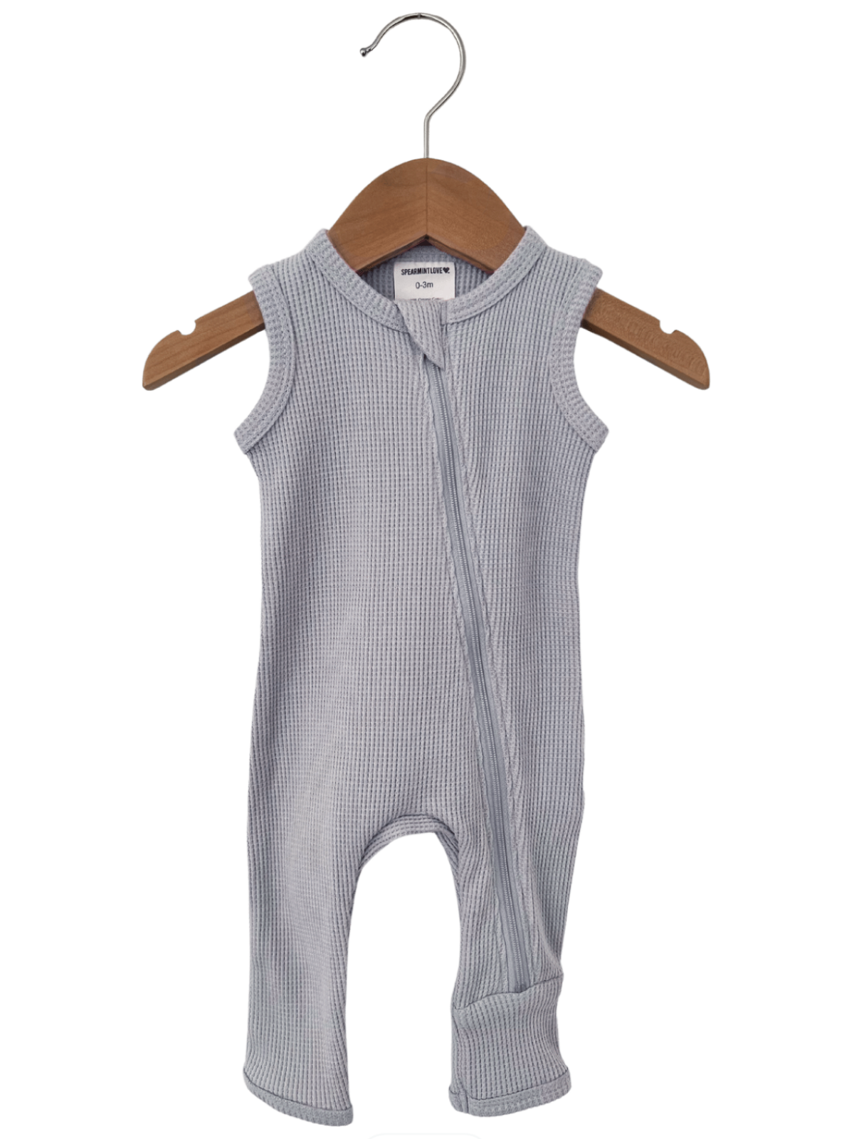 Light gray sleeveless baby romper hanging on a wooden hanger, featuring a front zipper closure.