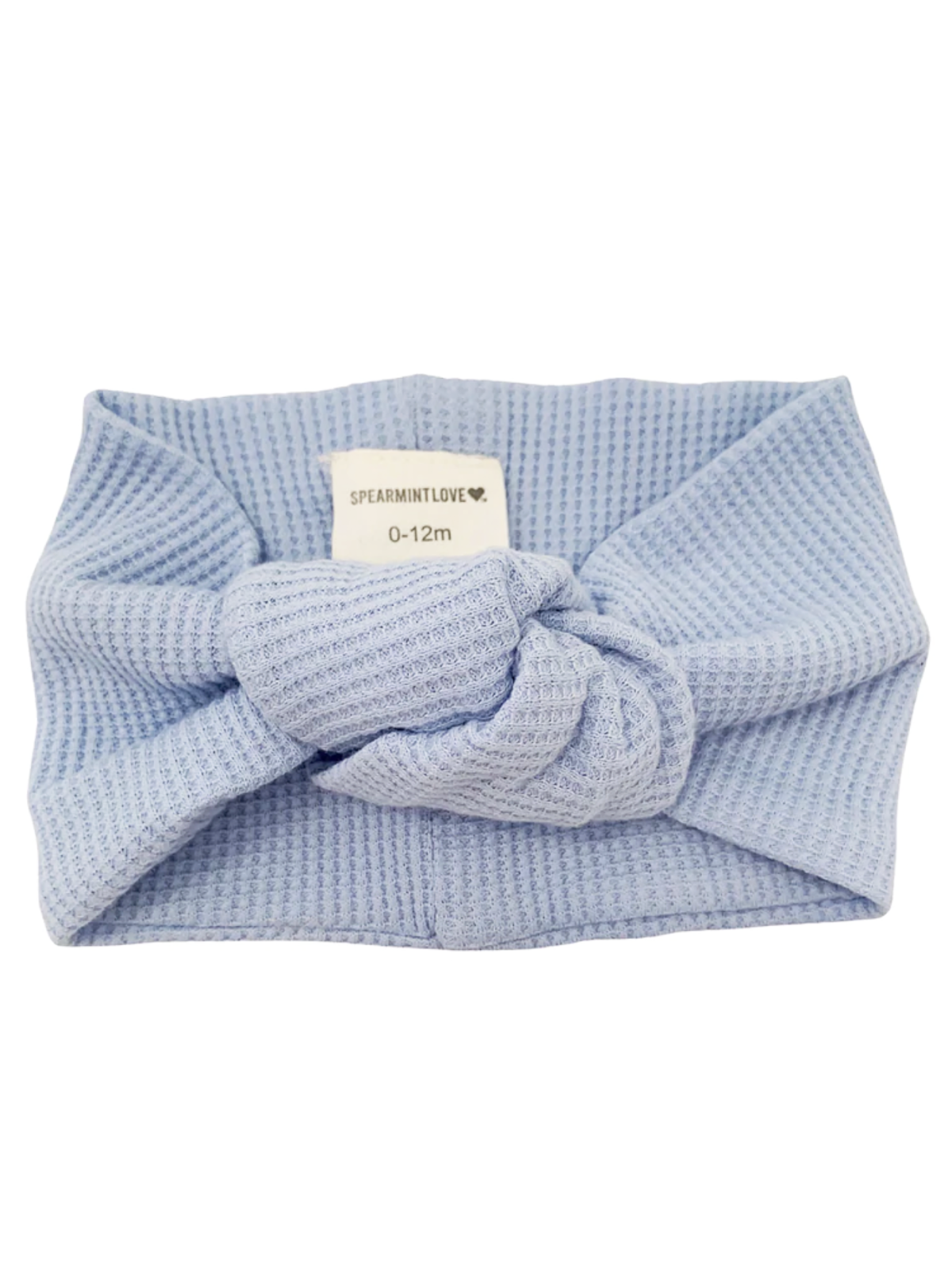 Light blue baby headband with a knot, labeled for ages 0-12 months. Soft, textured fabric.