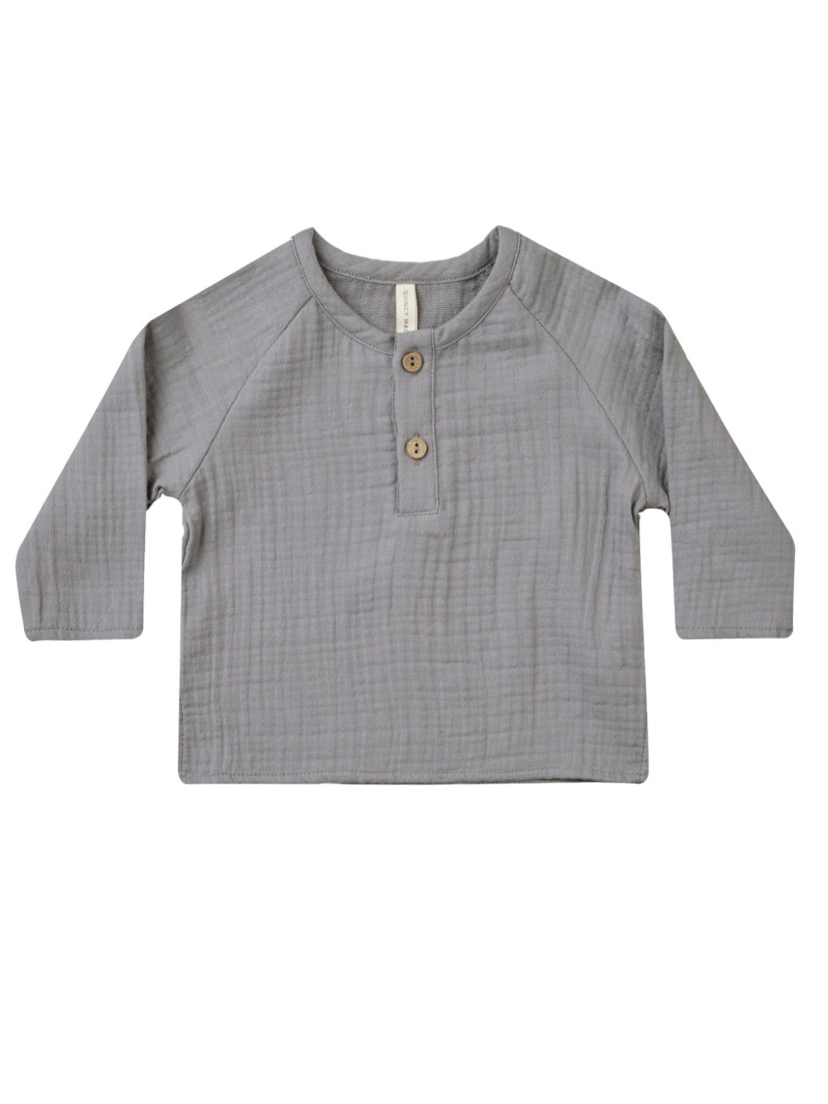 Gray long-sleeve kid's shirt with a round neckline and two wooden buttons at the front.