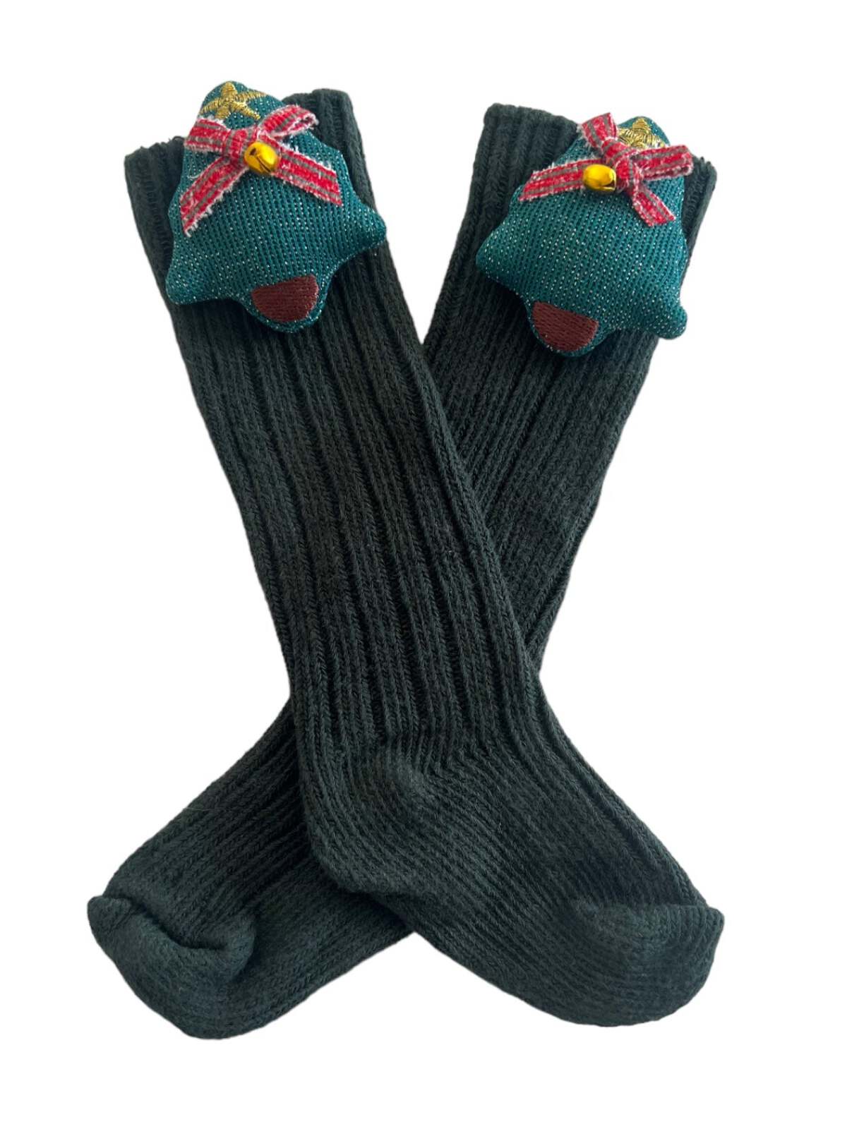 Green ribbed socks featuring a decorative Christmas tree and ribbon with a bell. Perfect for festive wear.