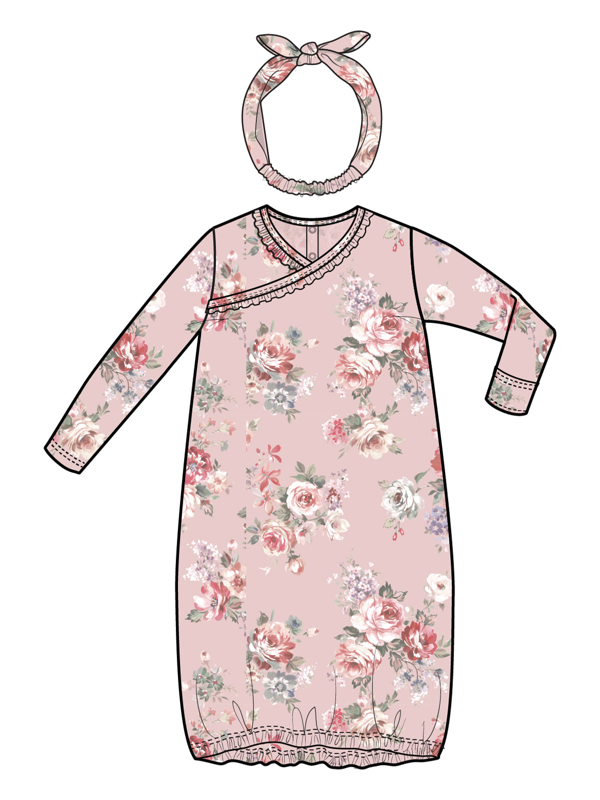 Kimono Gown & Headband Set, Painterly Rose Bouquets